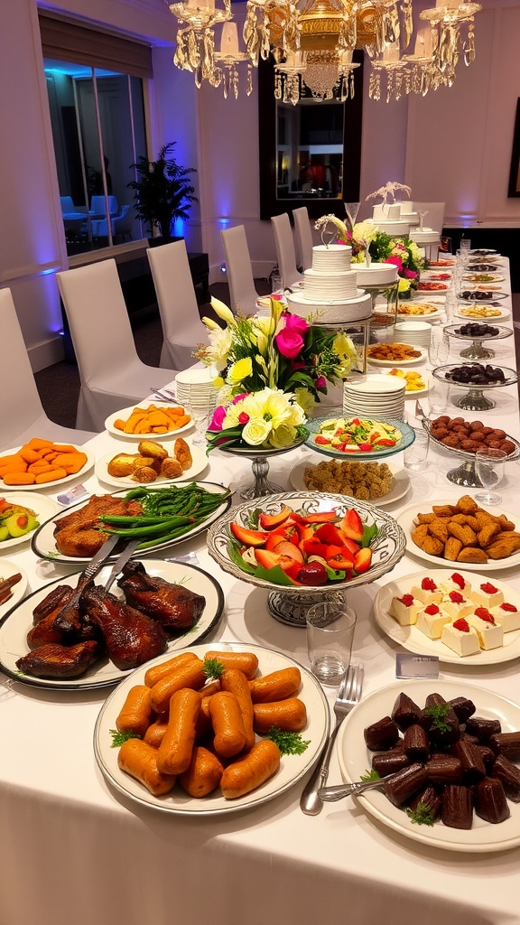 An elegant dinner buffet with roasted chicken, vegetable stir-fry, salads, and desserts ready for guests.